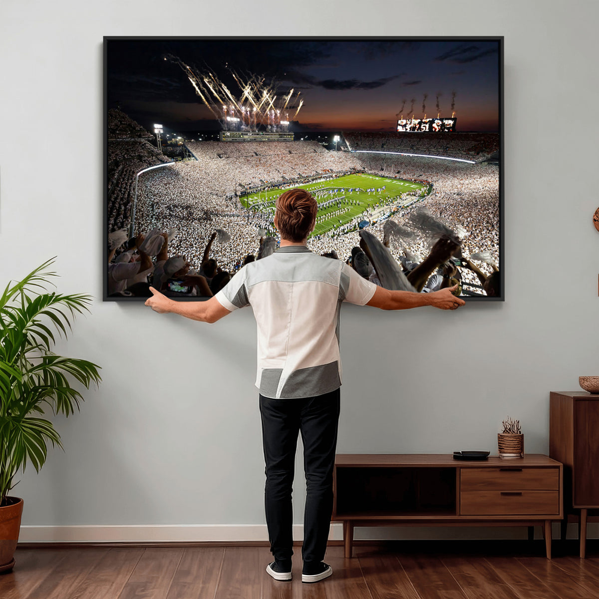 11221988-MGV-CV-36X24 - Epic Night Football Stadium Wall Art Canvas Print, Fireworks and Crowd