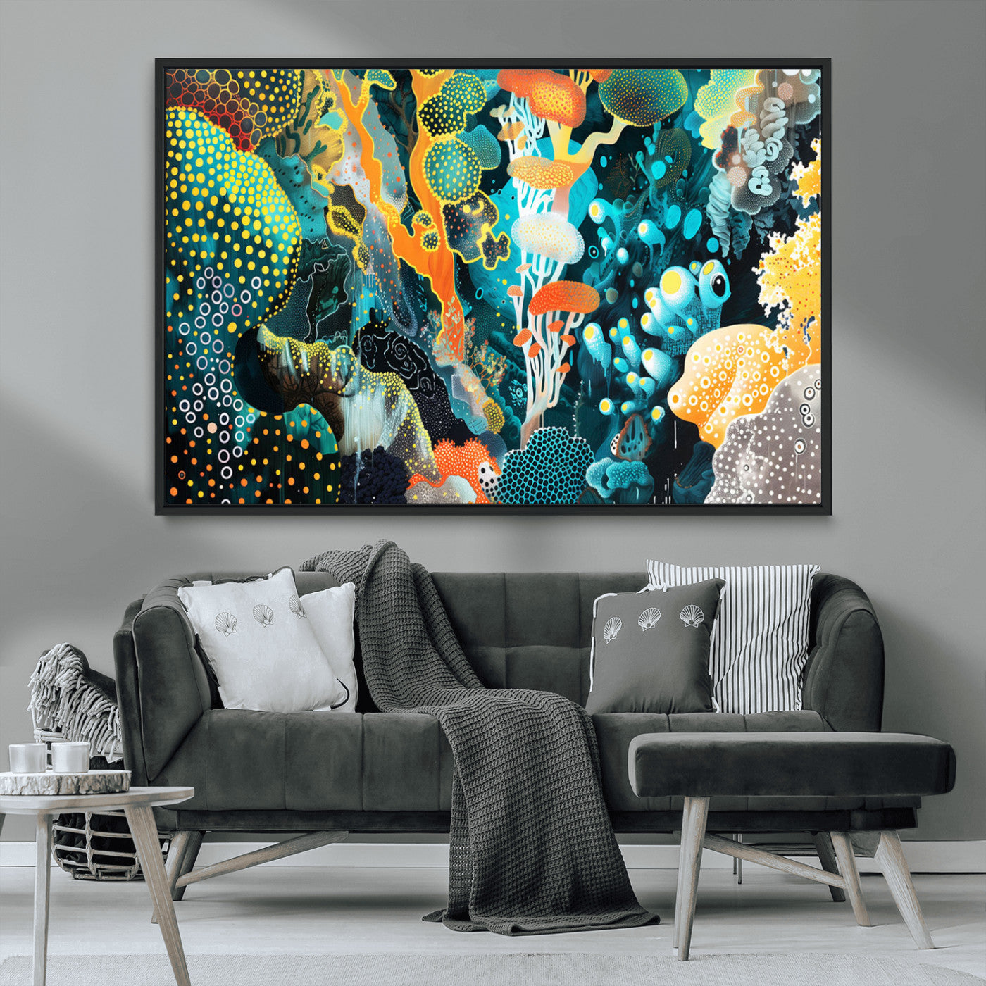 Colorful abstract coral reef scene featuring vibrant underwater plants, marine patterns, and fluid organic shapes – Wall Art Canvas Print.