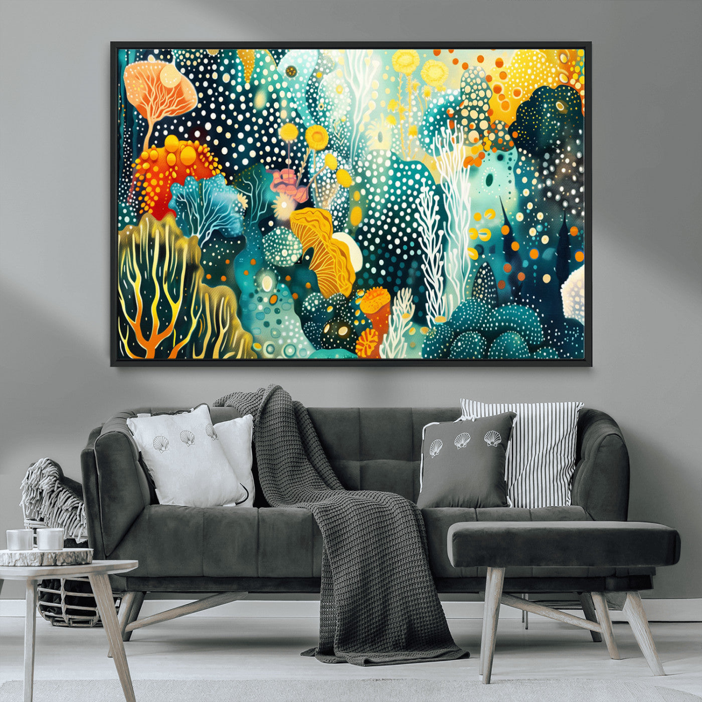 Abstract underwater coral reef illustration with vibrant colors, dotted textures, and stylized marine flora – Wall Art Canvas Print.