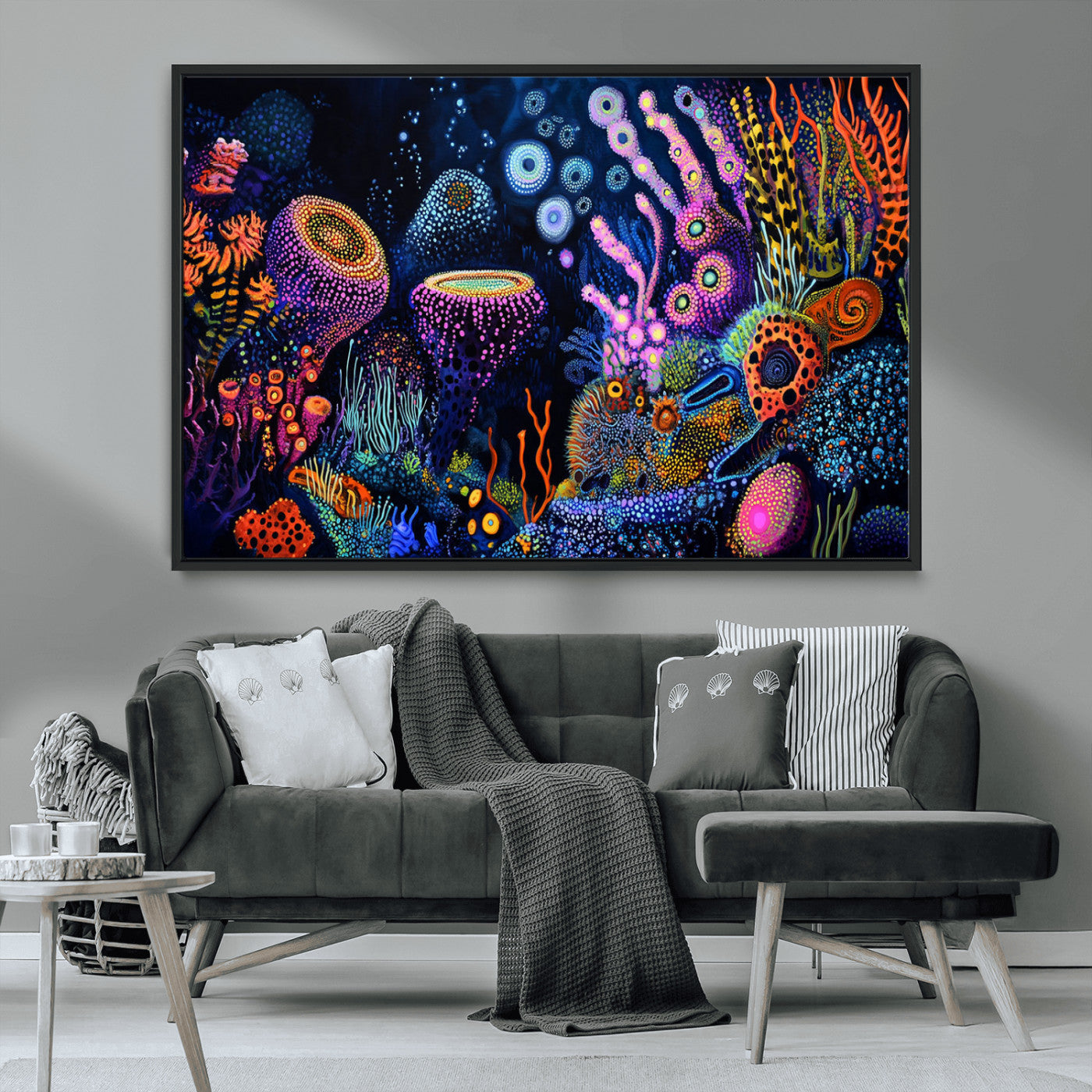Vibrant and colorful abstract underwater coral reef artwork with diverse shapes and glowing patterns – Wall Art Canvas Print.