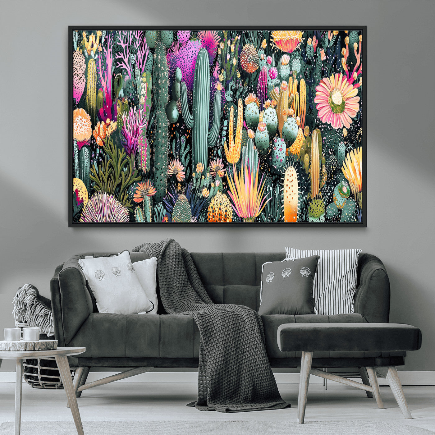 Colorful and detailed painting of various cacti and desert flowers in vibrant hues on a dark background – Wall Art Canvas Print.