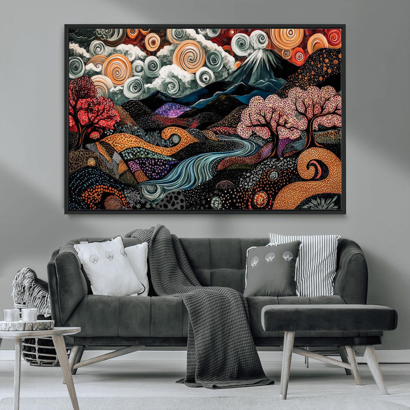 Vibrant abstract landscape painting featuring swirling clouds, colorful trees, flowing river, and textured hills under a mountain – Wall Art Canvas Print.