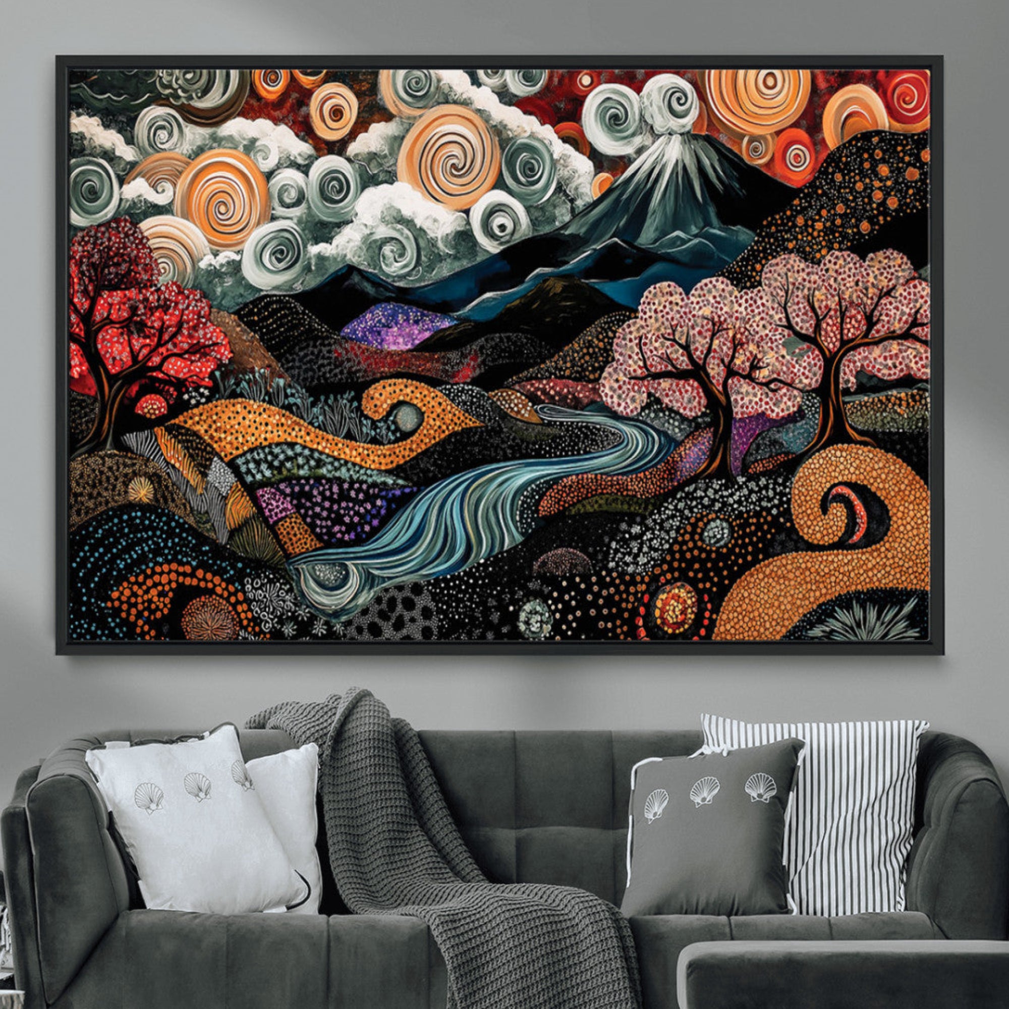 Vibrant abstract landscape painting featuring swirling clouds, colorful trees, flowing river, and textured hills under a mountain – Wall Art Canvas Print.