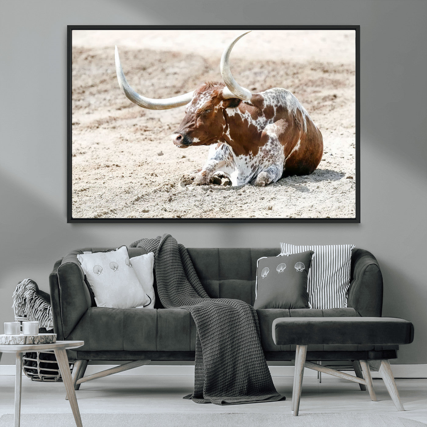 MGV-FC-36X24 - Majestic Longhorn Resting on Sunlit Desert Ground – Striking Western-Themed Wall Art Canvas Print