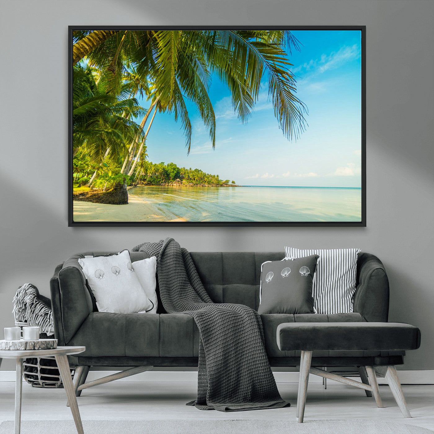 MGV-FC-36X24 - Peaceful Tropical Beach with Palm Trees and Calm Blue Sea – Serene Coastal Wall Art Canvas Print for