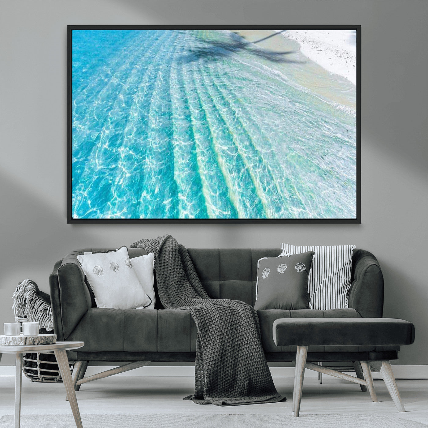 17528159-MGV-CV-36X24-Crystal Clear Shallow Ocean Water with Sunlight Reflections and Palm Tree Shadow on Sandy Beach – Beautiful Wall Art Canvas Print for Coastal Decor