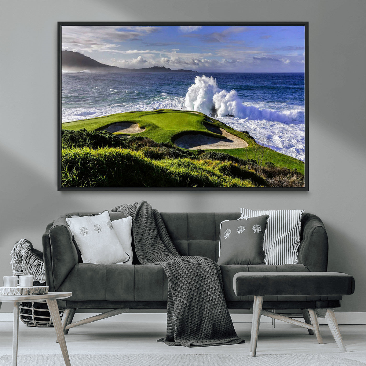 78508908-MGV-CV-36X24-Dramatic Ocean Waves Crashing Against Rocky Coastline Near a Green Golf Course – Stunning Wall Art Canvas Print for Nature and Sports Lovers