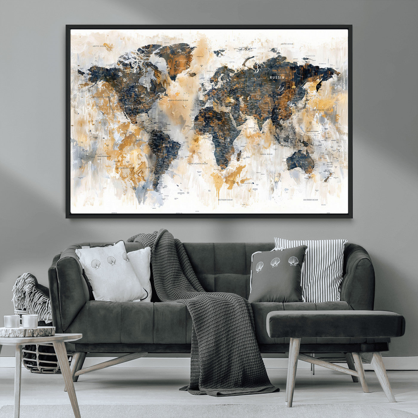 Artistic world map with textured brush strokes in shades of gold, navy blue, and white, showing continents and countries with an abstract, painterly effect.