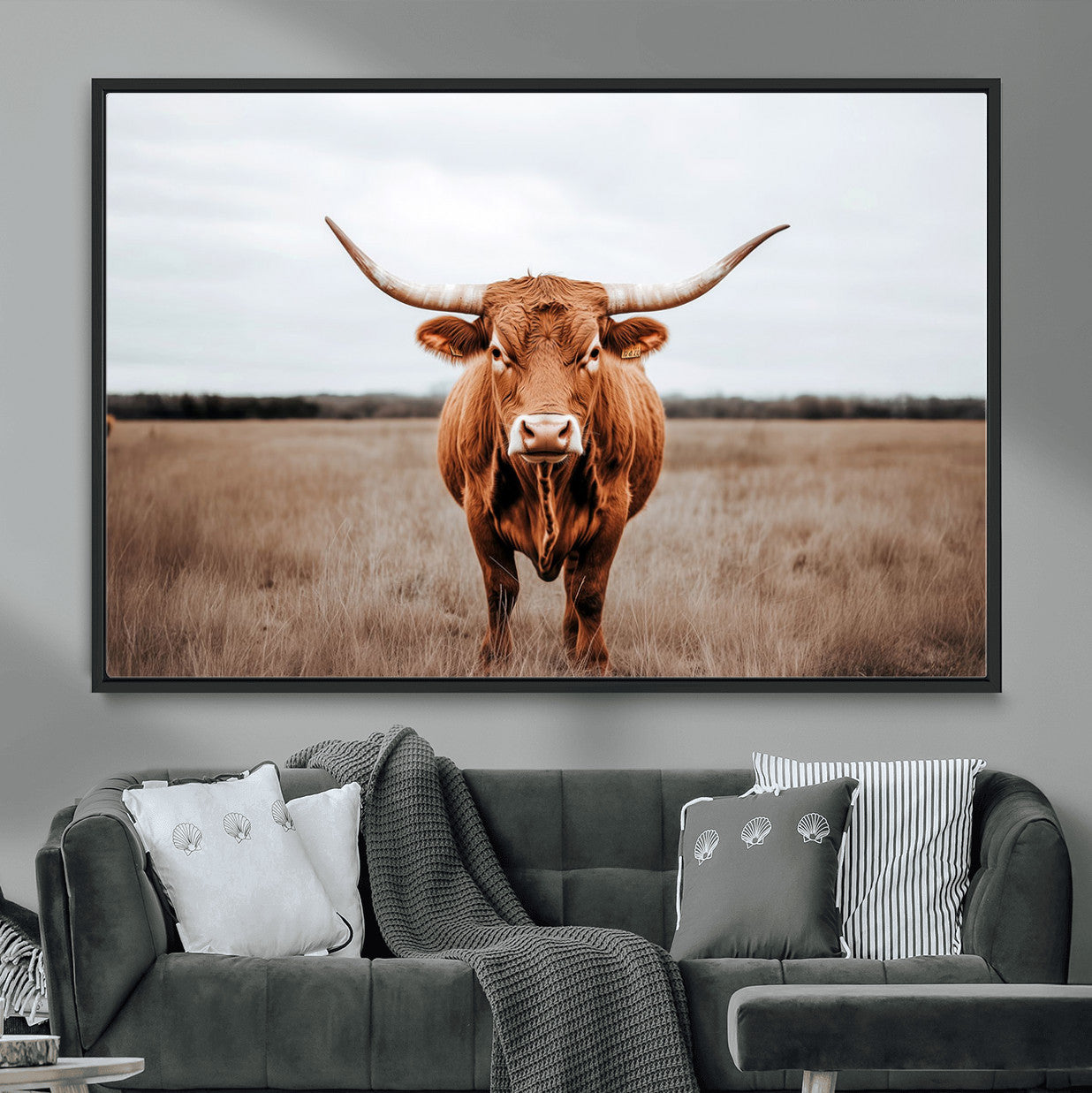 16316734-MGV-FC-36X24 - Longhorn bull, open field, rustic charm, natural beauty, Wall Art Canvas Print, countryside,