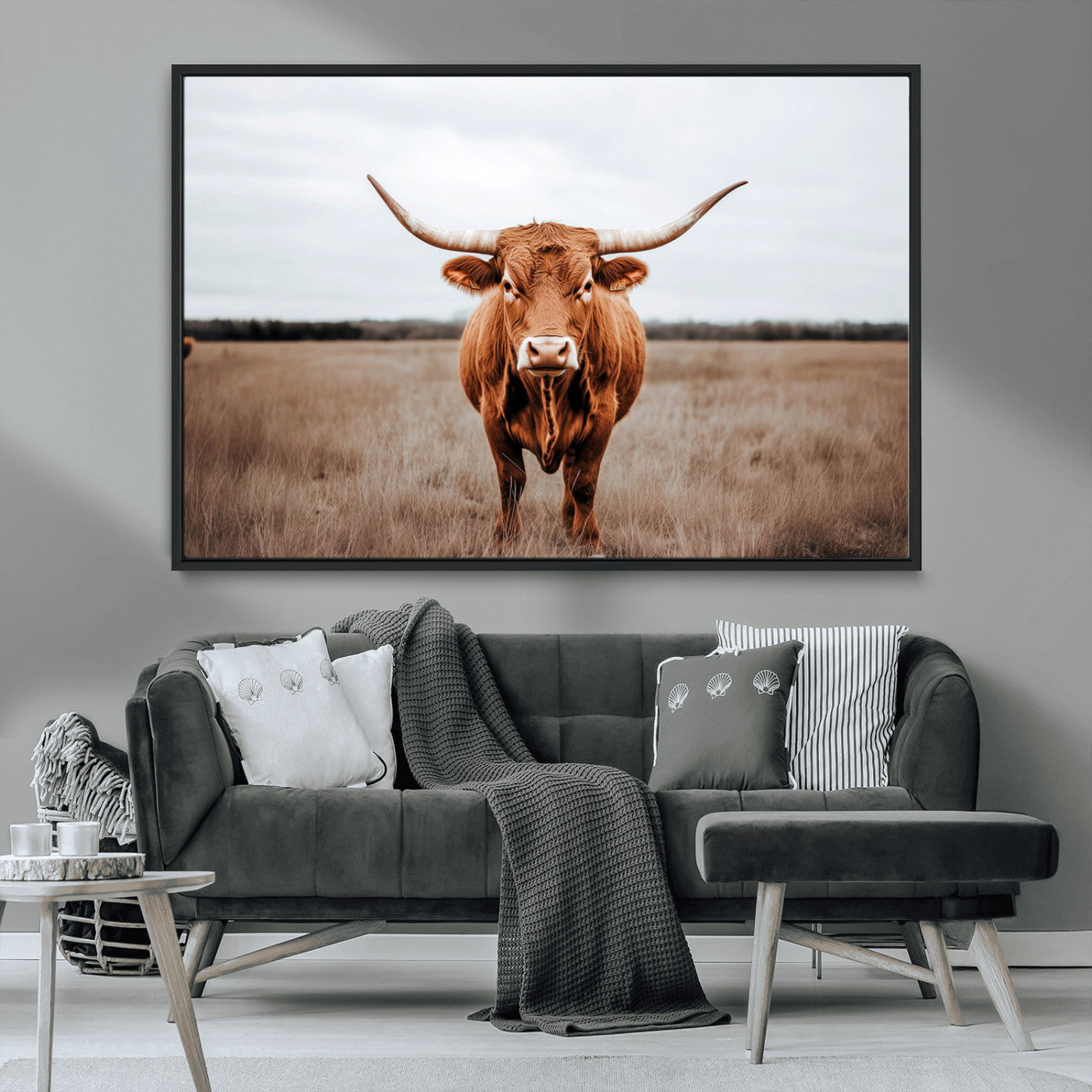MGV-FC-36X24 - Longhorn bull, open field, rustic charm, natural beauty, Wall Art Canvas Print, countryside,