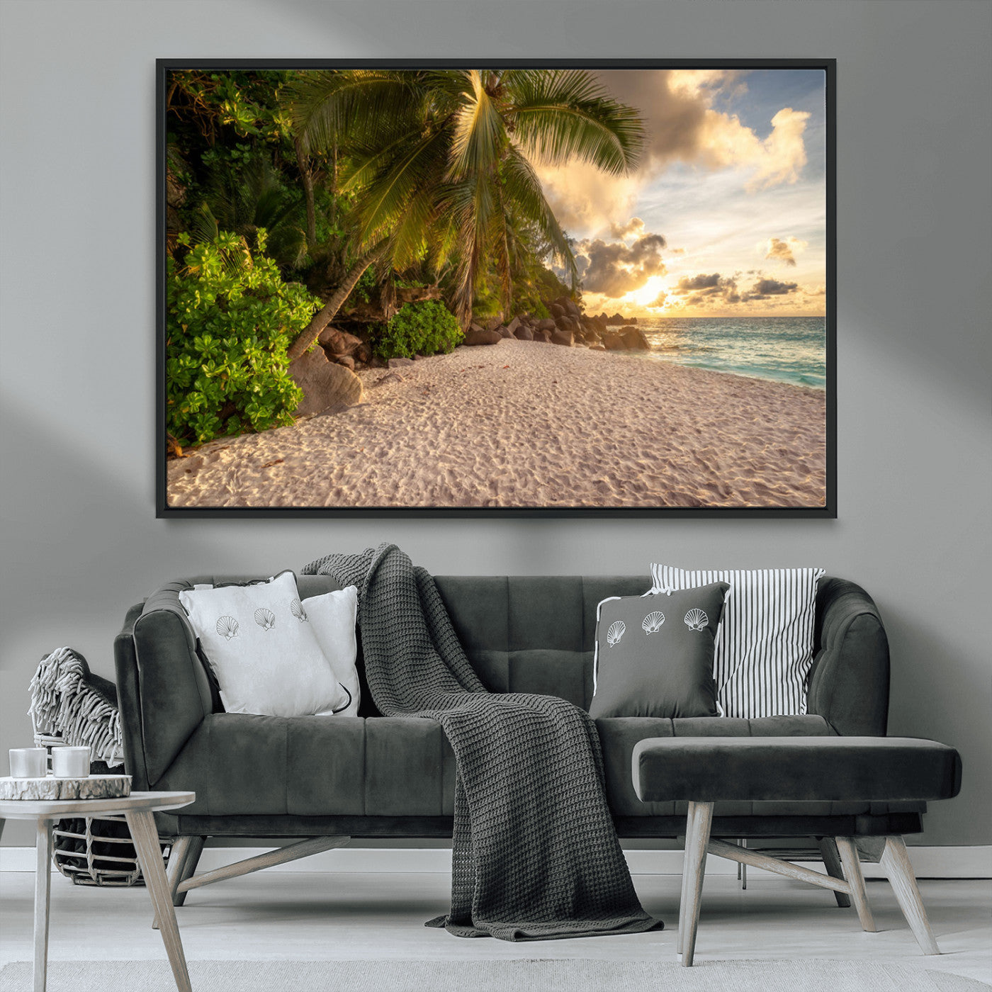 89531159-MGV-CV-36X24-Tropical beach sunset, palm trees, white sand, ocean waves, golden sky, serene landscape, nature beauty, tranquil shore, Wall Art Canvas Print