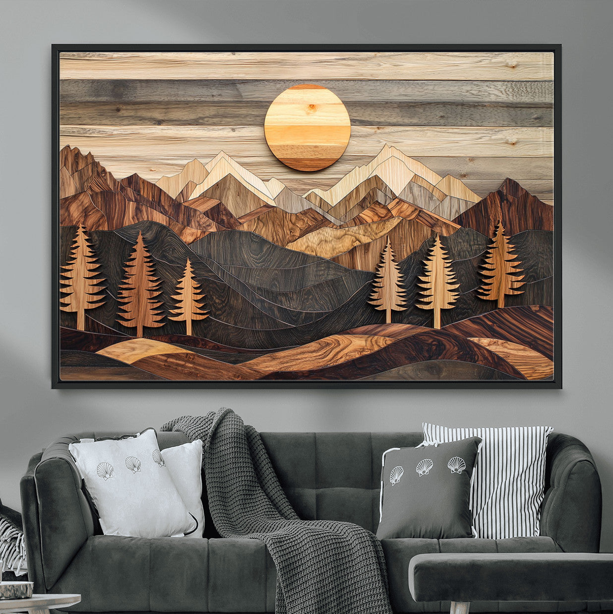 19832326-MGV-FC-36X24 - Wooden Mountain Landscape Layered Texture Geometric Shapes Sun Pine Trees Rustic Natural Tones Art