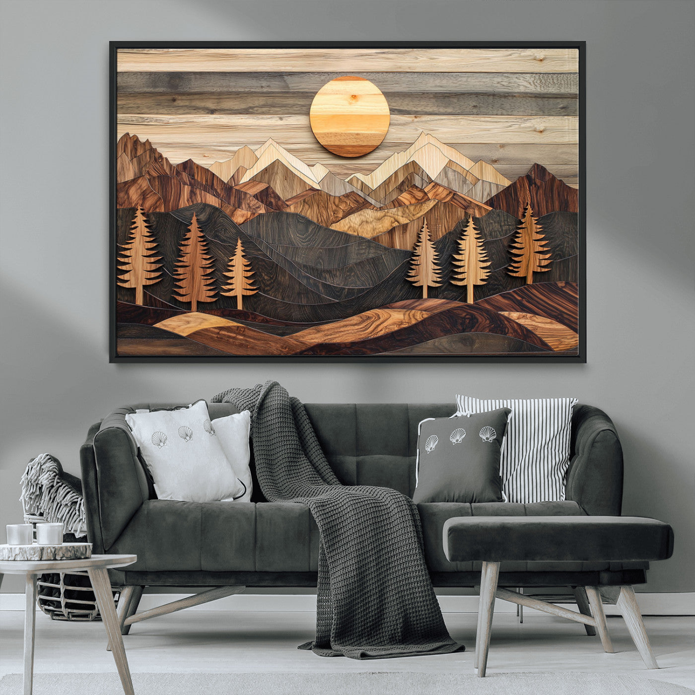 MGV-FC-36X24 - Wooden Mountain Layers Canvas Wall Art – Rustic Pine Tree Landscape with Sunlight Artistic Nature