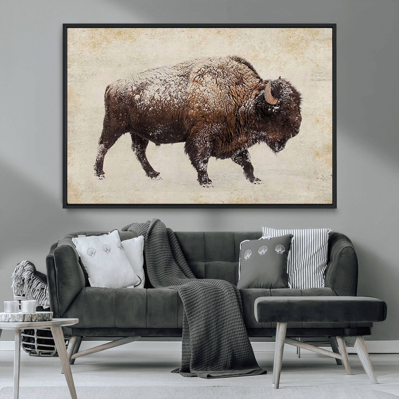 54810031-MGV-CV-36X24-Snow-dusted bison silhouette textured vintage style rugged wildlife art with neutral tones perfect for rustic home decor Wall Art Canvas Print design
