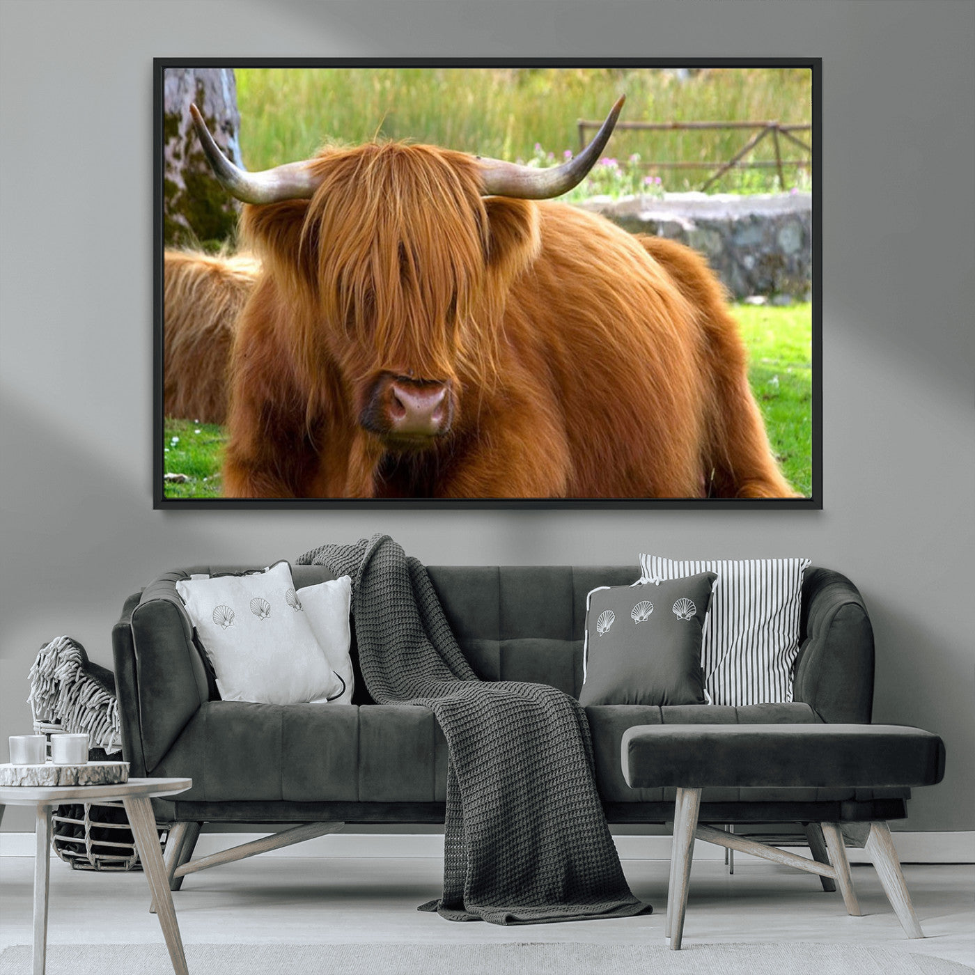 68411138-MGV-CV-36X24-Highland Cow Long Hair Rustic Farm Animal Horns Green Pasture Natural Beauty Outdoor Wall Art Canvas Print