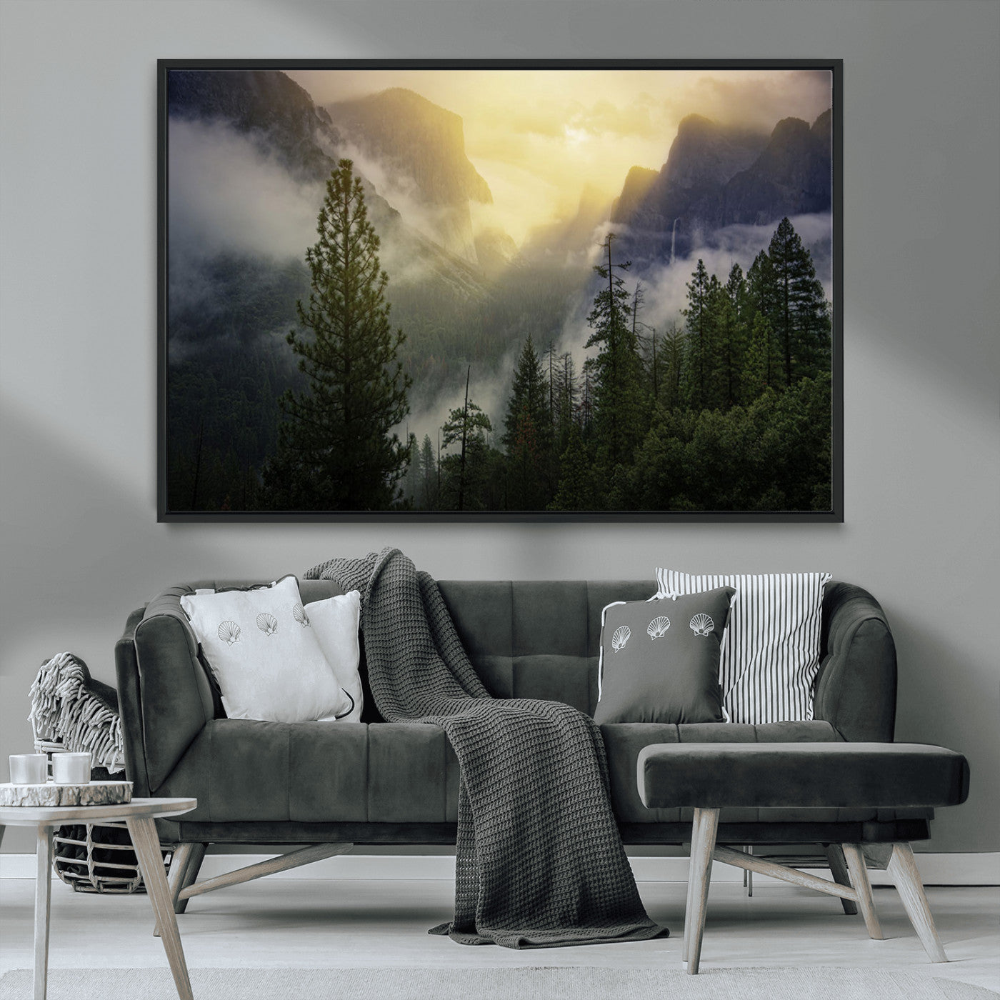 38316884-MGV-CV-36X24-Misty Forest Sunrise Mountain Valley Pine Trees Foggy Landscape Nature Scenic Outdoors Calm Tranquil Wall Art Canvas Print