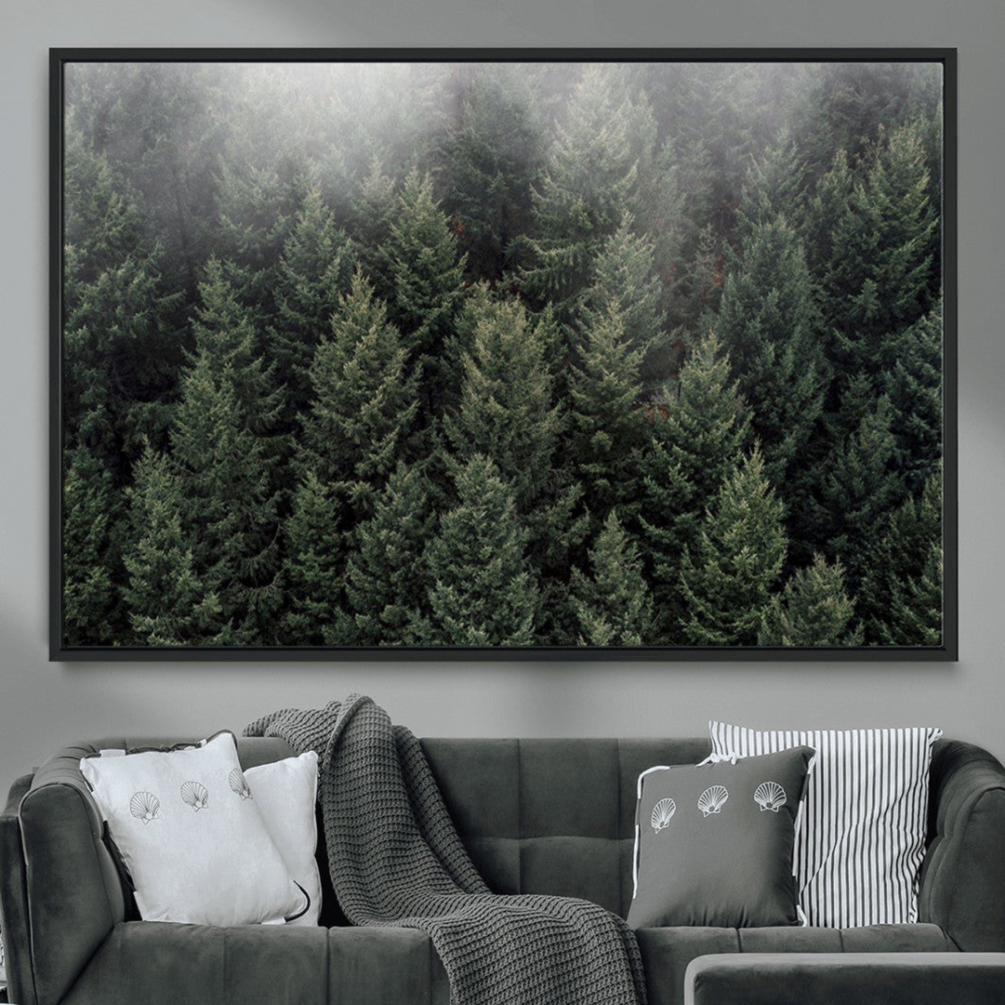 84059409-MGV-CV-36X24-Dense Evergreen Forest Misty Morning Fog Pine Trees Woodland Nature Landscape Calm Peaceful Scenic
