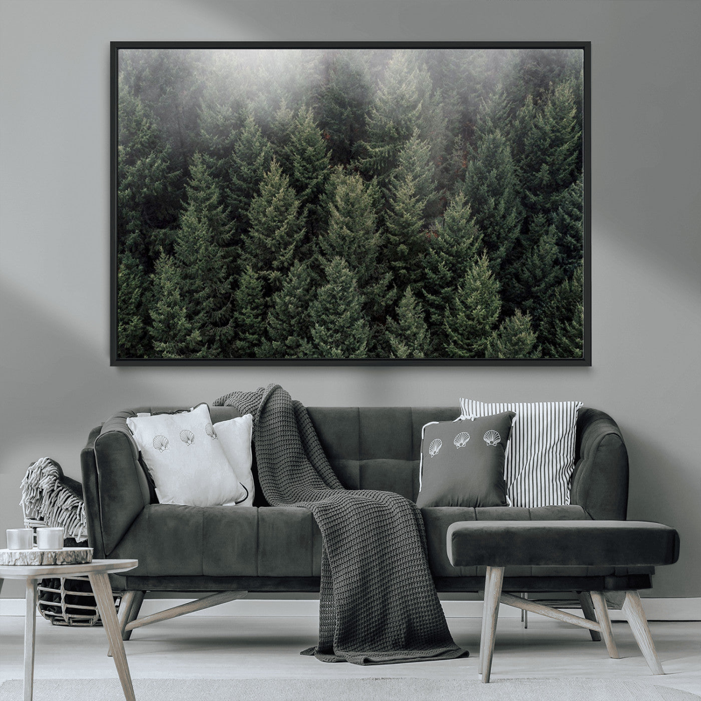 84059409-MGV-CV-36X24-Dense Evergreen Forest Misty Morning Fog Pine Trees Woodland Nature Landscape Calm Peaceful Scenic Wall Art Canvas Print
