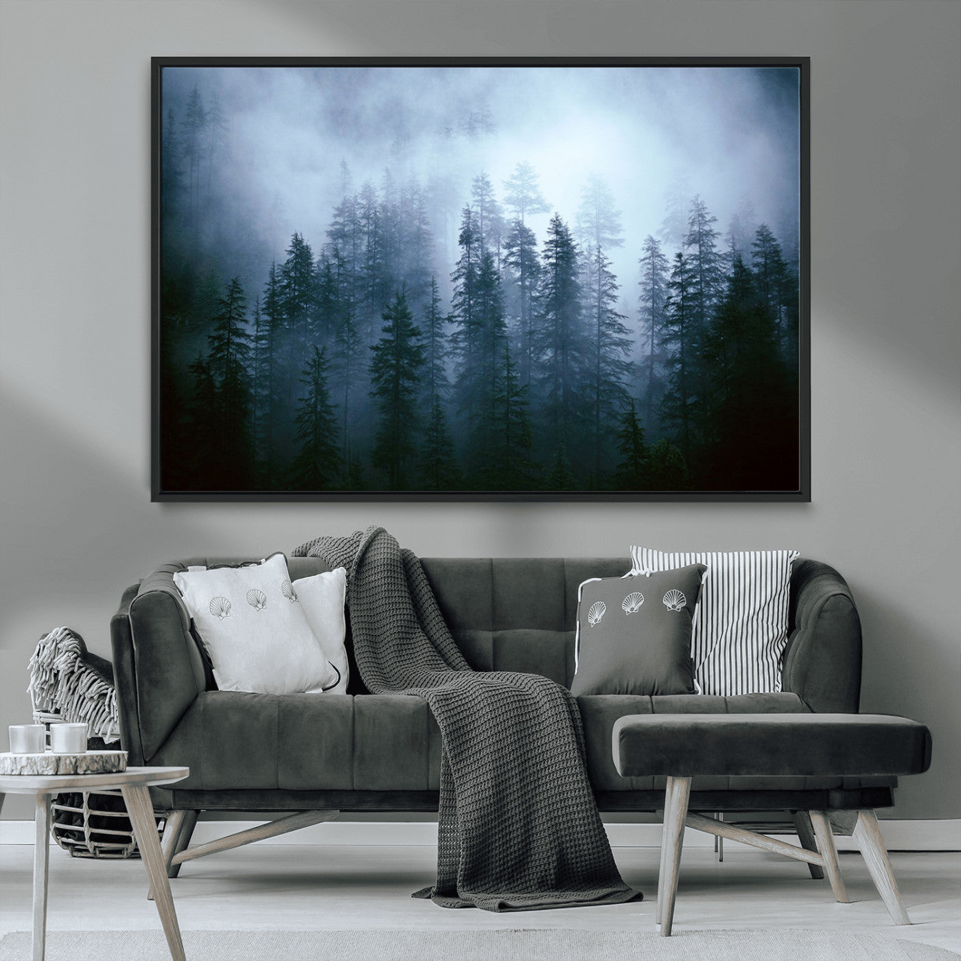 93439624-MGV-CV-36X24-Foggy Evergreen Pines Mist Forest Blue Haze Moody Atmospheric Wilderness Nature Trees Scenic Tranquil Peaceful Landscape Wall Art Canvas Print