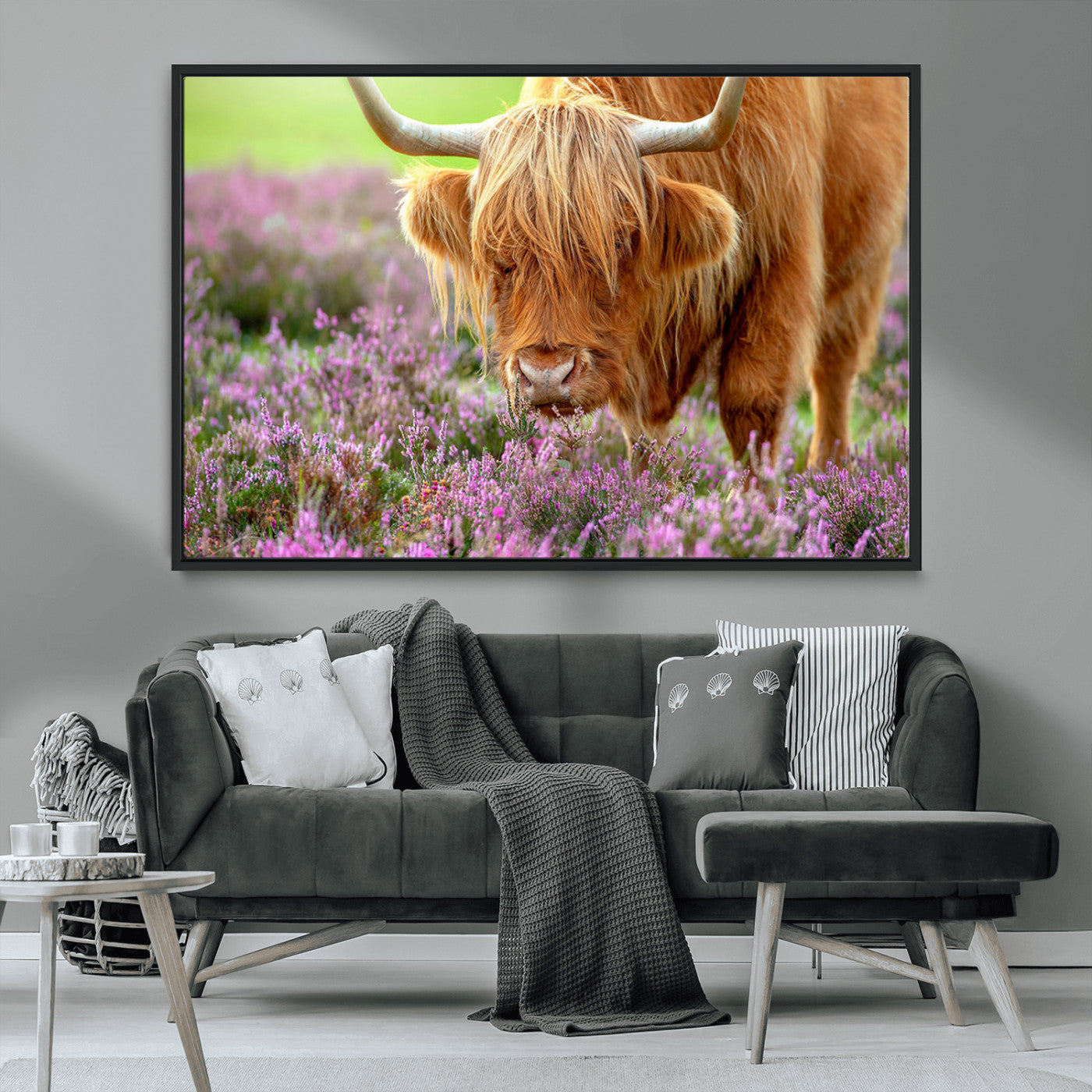 64069351-MGV-CV-36X24-Highland Cow Purple Flowers Nature Pasture Scenic Wildlife Animal Grazing Meadow Calm Rustic Charm Outdoors Peace Wall Art Canvas Print