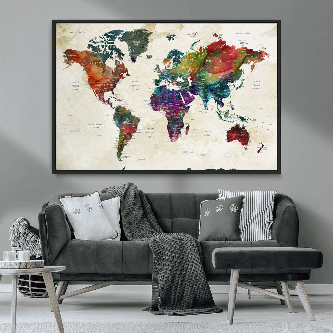 Colorful watercolor world map with countries labeled, featuring rich, vibrant hues across continents on a vintage beige background, Wall Art Canvas Print style.