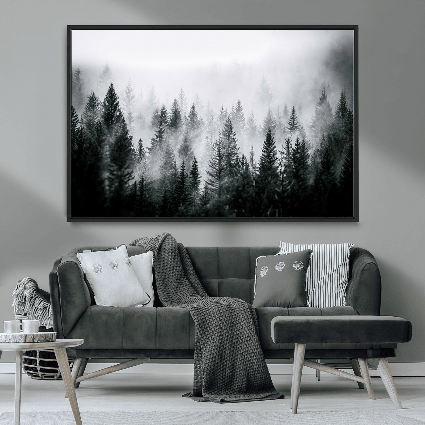 Horizontal black and white canvas wall art of foggy pine forest landscape for modern and rustic home decor
