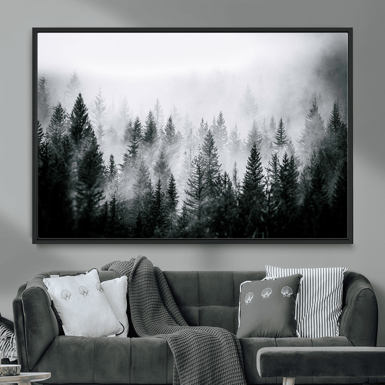 87750525-MGV-CV-36X24-Foggy Pine Forest Wall Art – Black White Nature Landscape Canvas Artwork, Misty Trees Design, Modern Decor for Home, Office
