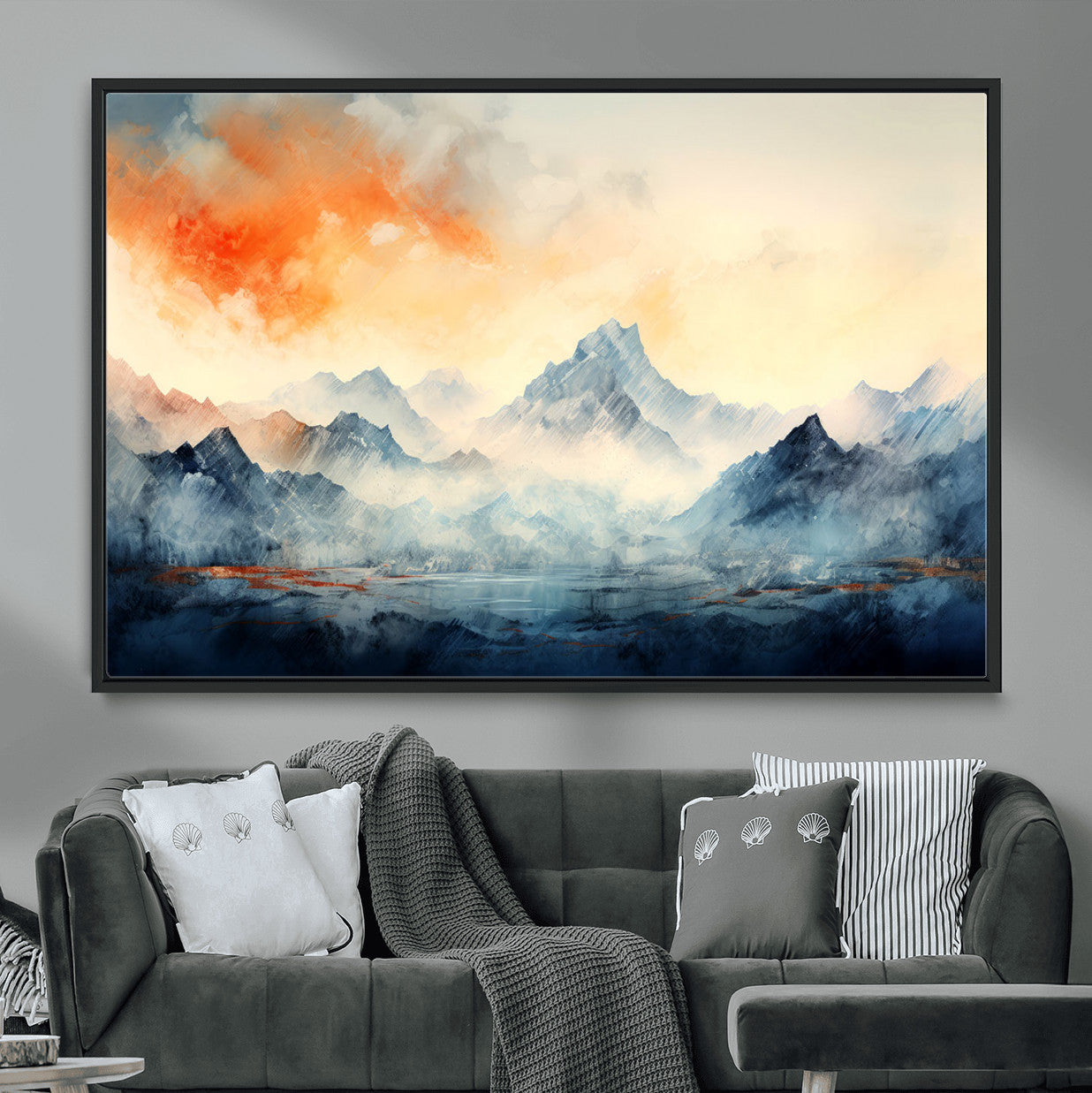 WRM1005-MGV-FC-36X24 - Warm Clouds Abstract Mountain Wall Art, Modern Landscape Canvas Print, Minimal Framed Artwork for Home, Office