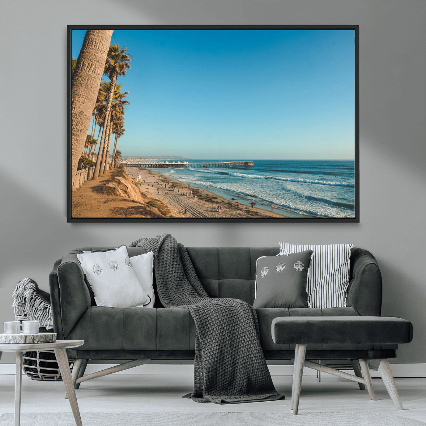 MGV-FC-36X24 - Scenic Beach with Tall Palm Trees, Sandy Shore, and Long Pier Stretching into the Calm Ocean Under
