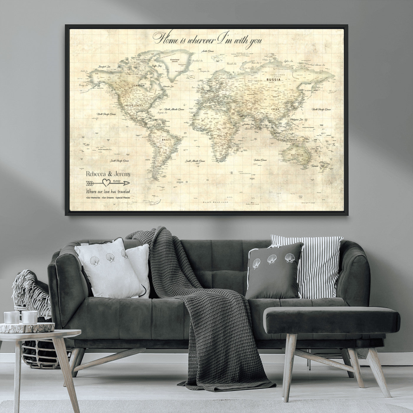 MGV-FC-36X24 - Personalized World Map Wall Art Canvas Print – Custom Push Pin Travel Map for Couples, Families, or Office Décor