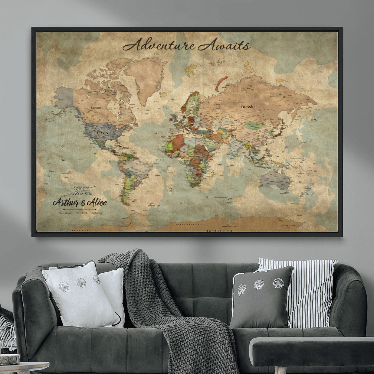 MGV-FC-36X24 - Personalized World Map Wall Art Canvas Print – Custom Push Pin Travel Map for Couples, Families, or Office Décor