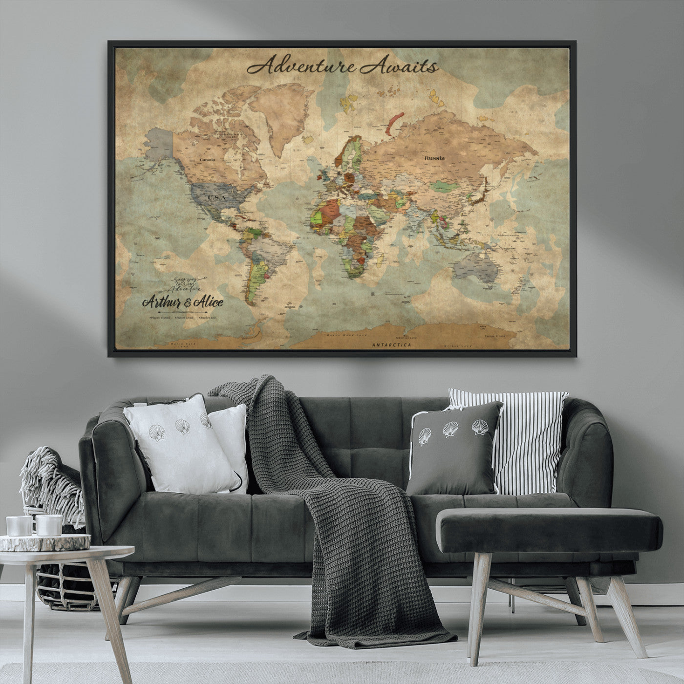 MGV-FC-36X24 - Personalized World Map Wall Art Canvas Print – Custom Push Pin Travel Map for Couples, Families, or Office Décor