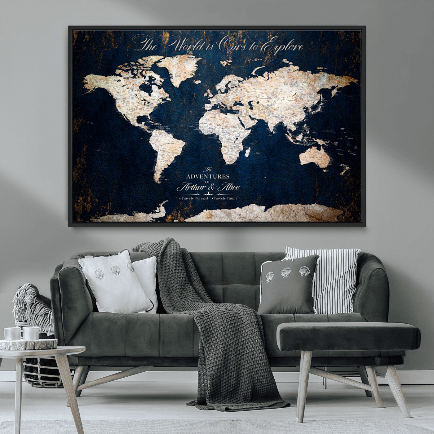 MGV-FC-36X24 - Personalized World Map Wall Art Canvas Print – Custom Push Pin Travel Map for Couples, Families, or Office Décor