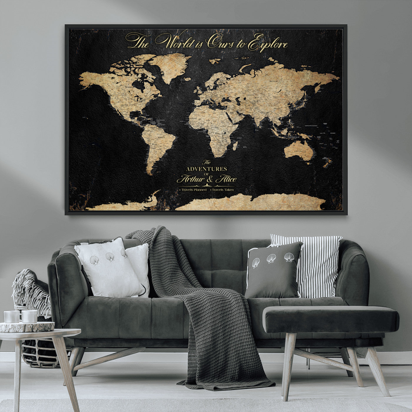 MGV-FC-36X24 - Personalized World Map Wall Art Canvas Print – Custom Push Pin Travel Map for Couples, Families, or Office Décor