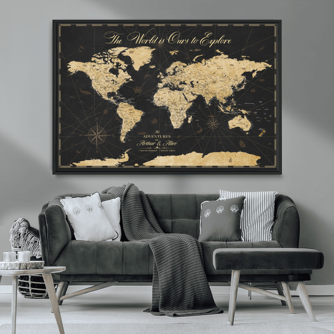 MGV-FC-36X24 - Personalized World Map Wall Art Canvas Print – Custom Push Pin Travel Map for Couples, Families, or Office Décor