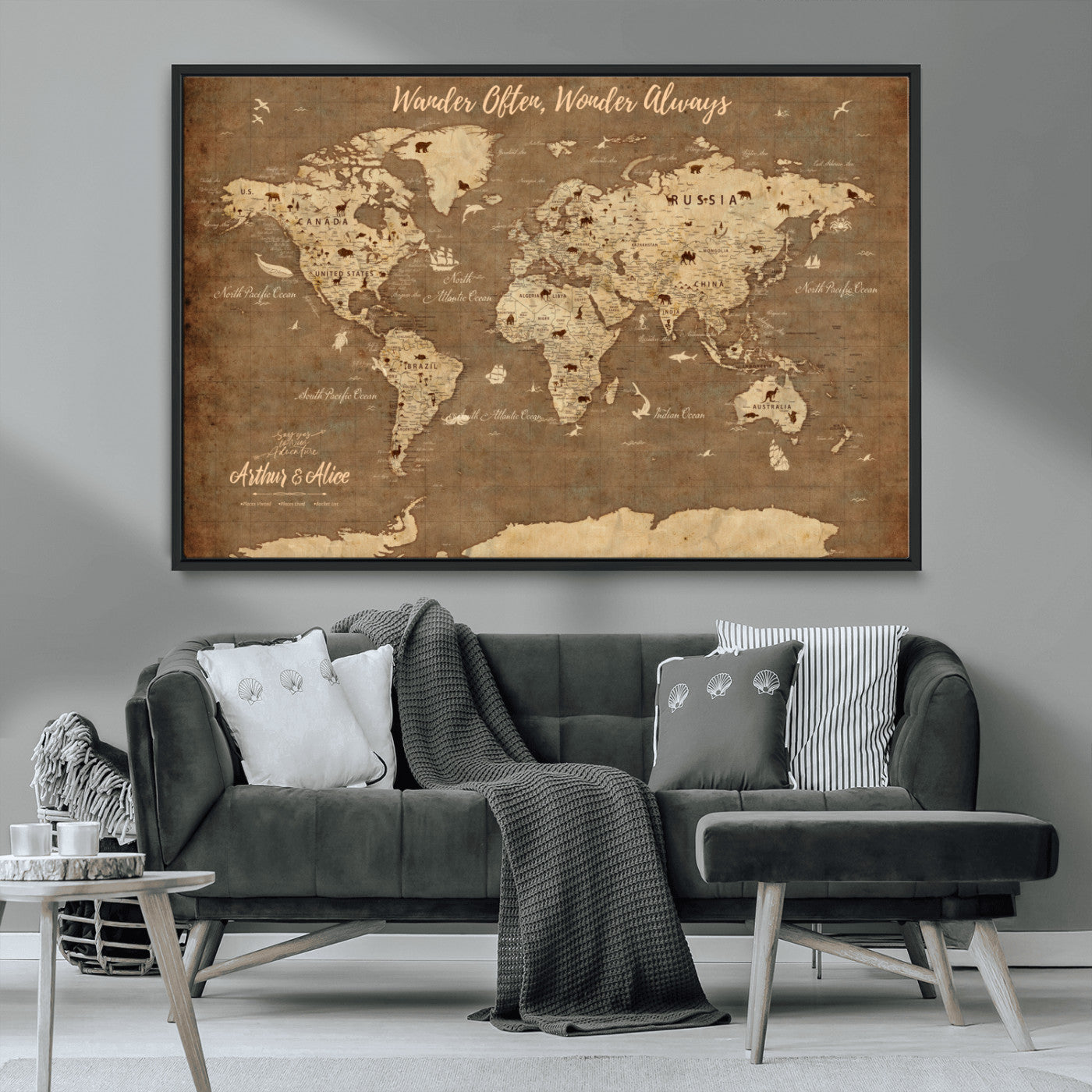 MGV-FC-36X24 - Personalized World Map Wall Art Canvas Print – Custom Push Pin Travel Map for Couples, Families, or Office Décor
