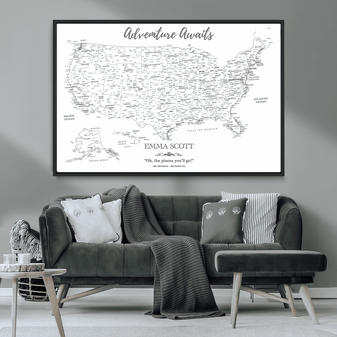 MGV-FC-36X24 - Personalized US Map Wall Art Canvas Print – Custom Push Pin Travel United States US Map for Couples, Families, or Office Décor