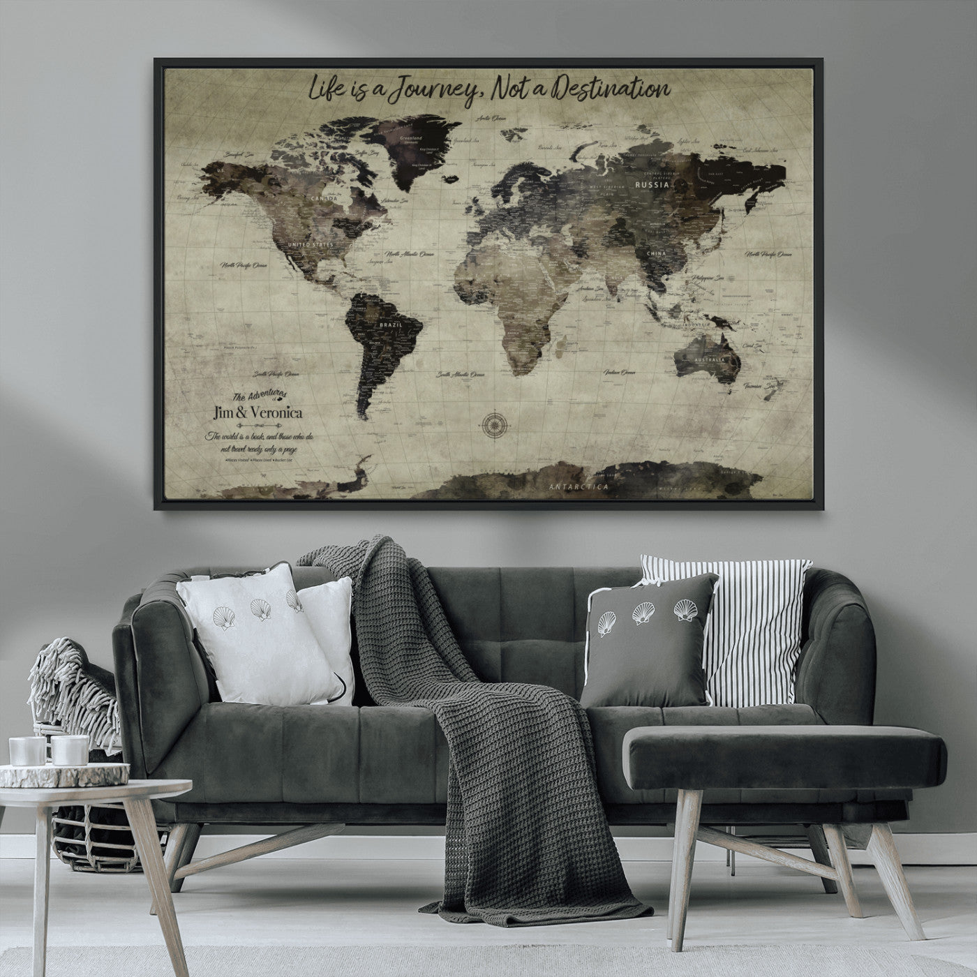 MGV-FC-36X24 - Personalized World Map Wall Art Canvas Print – Custom Push Pin Travel Map for Couples, Families, or Office Décor