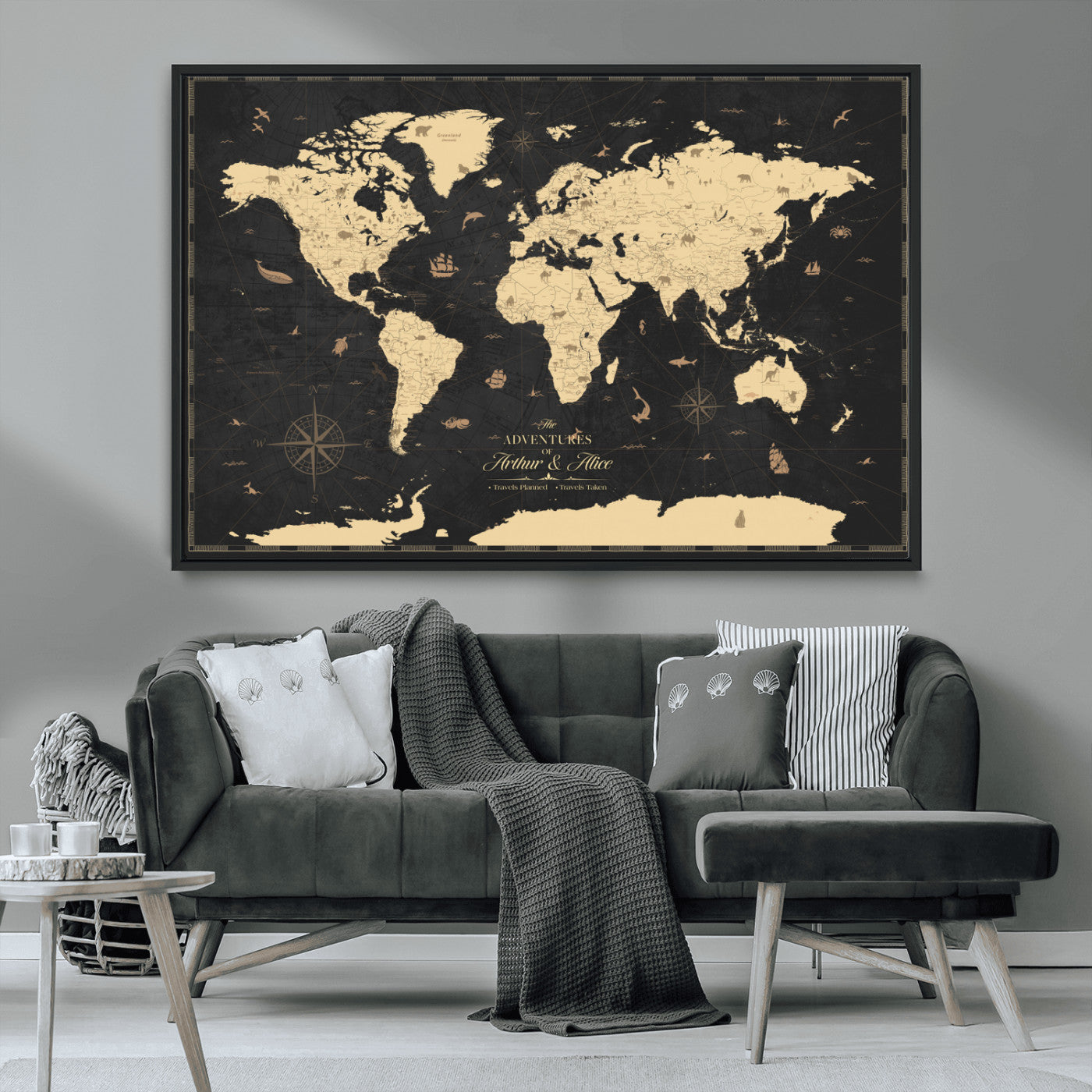 MGV-FC-36X24 - Personalized World Map Wall Art Canvas Print – Custom Push Pin Travel Map for Couples, Families, or Office Décor