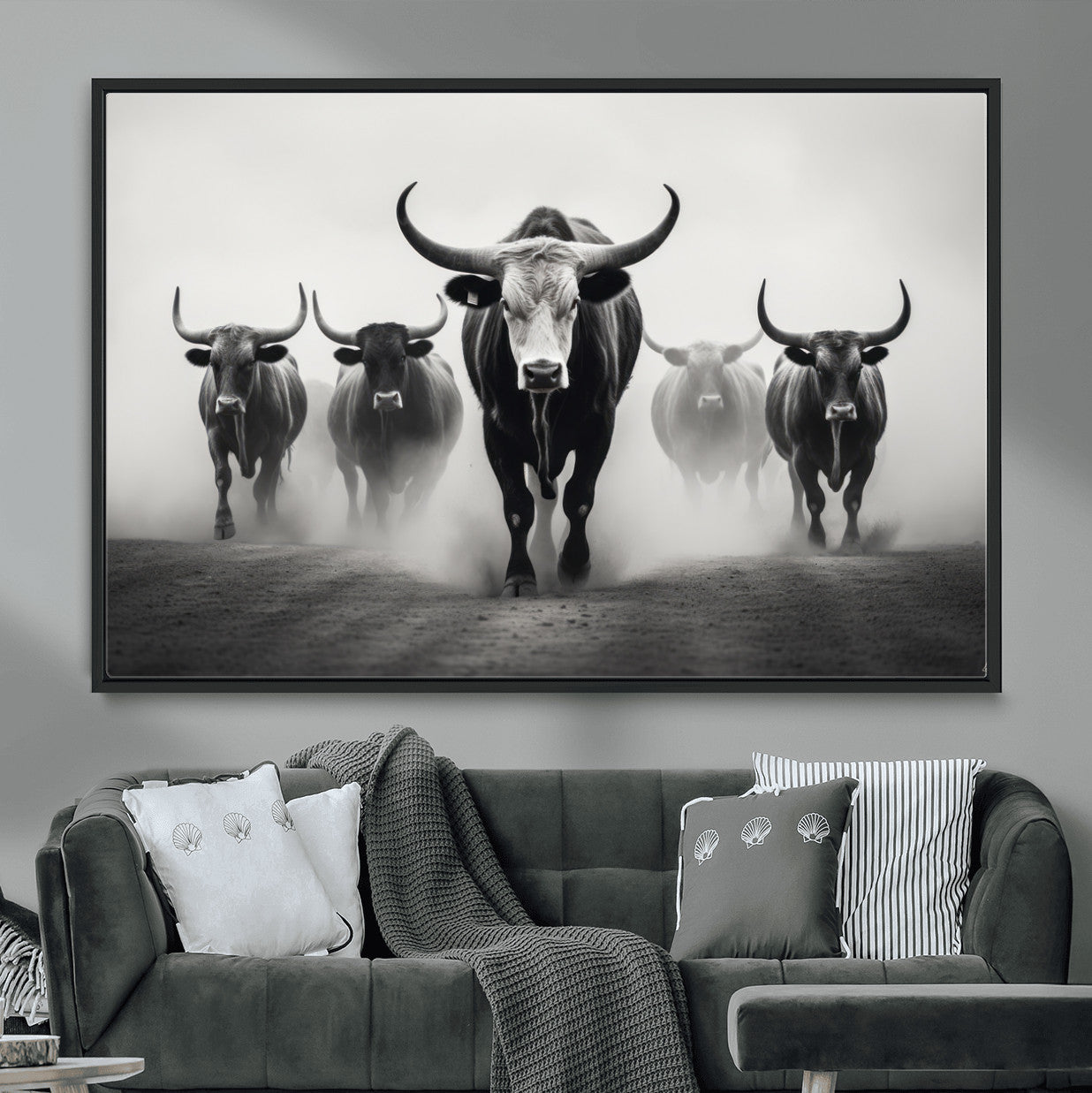 N34534C-MGV-FC-36X24 - Texas Bighorn Cow Hern Wall Art Canvas Print, Longhorn Cow Large Wall Art