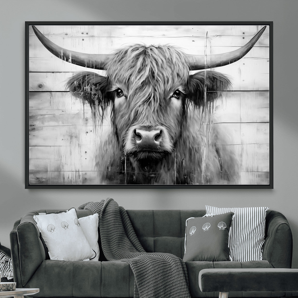 1001HASAN27-MGV-FC-36X24 - Black White Highland Cow Wall Art Canvas Print