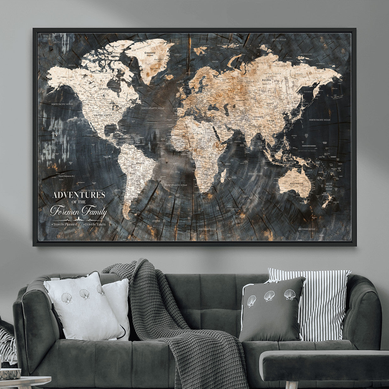 58265369-MGV-FC-36X24 - Customized Push Pin World Map Wall Art Canvas Print with Pins, Personalized Travel Tracker Map, Framed World Map for Living Room, Office and Home Decor