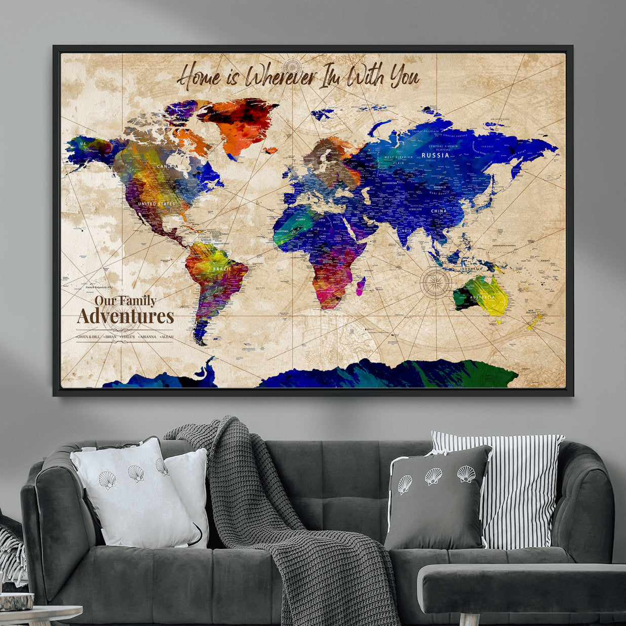 42795268-MGV-FC-36X24 - Personalized Push Pin World Map Canvas Print – Custom Adventure Travel Map, Framed Wall Art Gift for Couples or Family