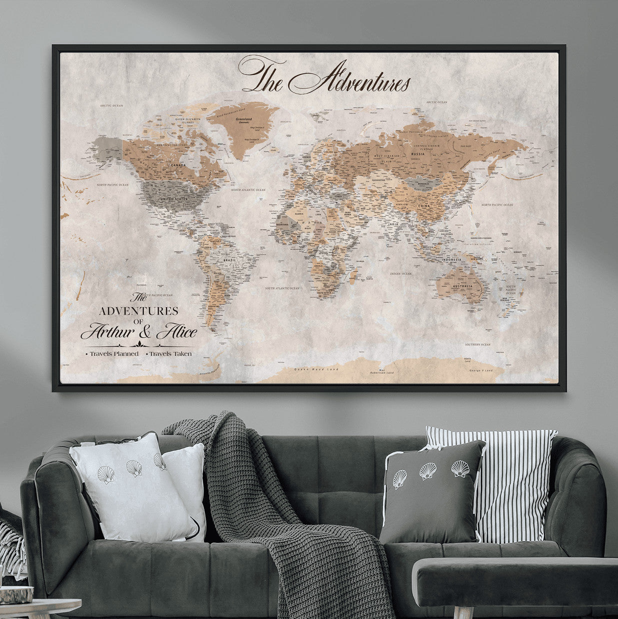 91774967-MGV-FC-36X24 - Personalized Push Pin World Map Canvas Print – Custom Framed Travel Tracker Artwork for Couples or Home Decor