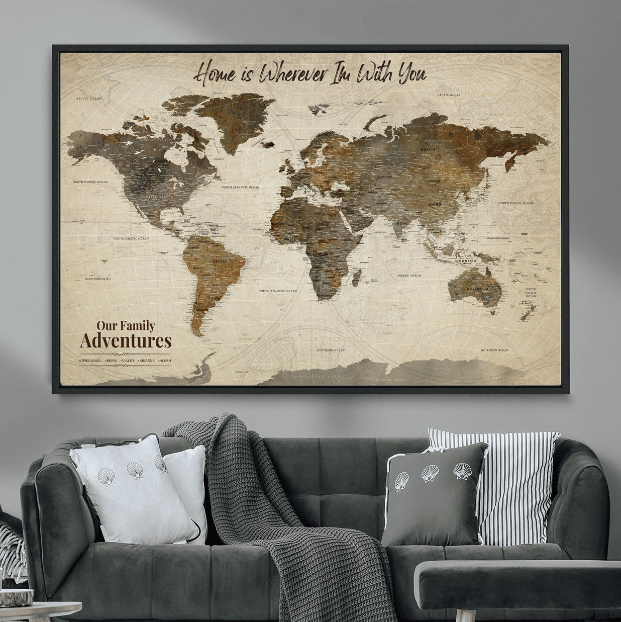 74684563-MGV-FC-36X24 - Custom Push Pin World Map Wall Art Canvas Print – Personalized Travel Tracker with Pins Framed Large for home, office