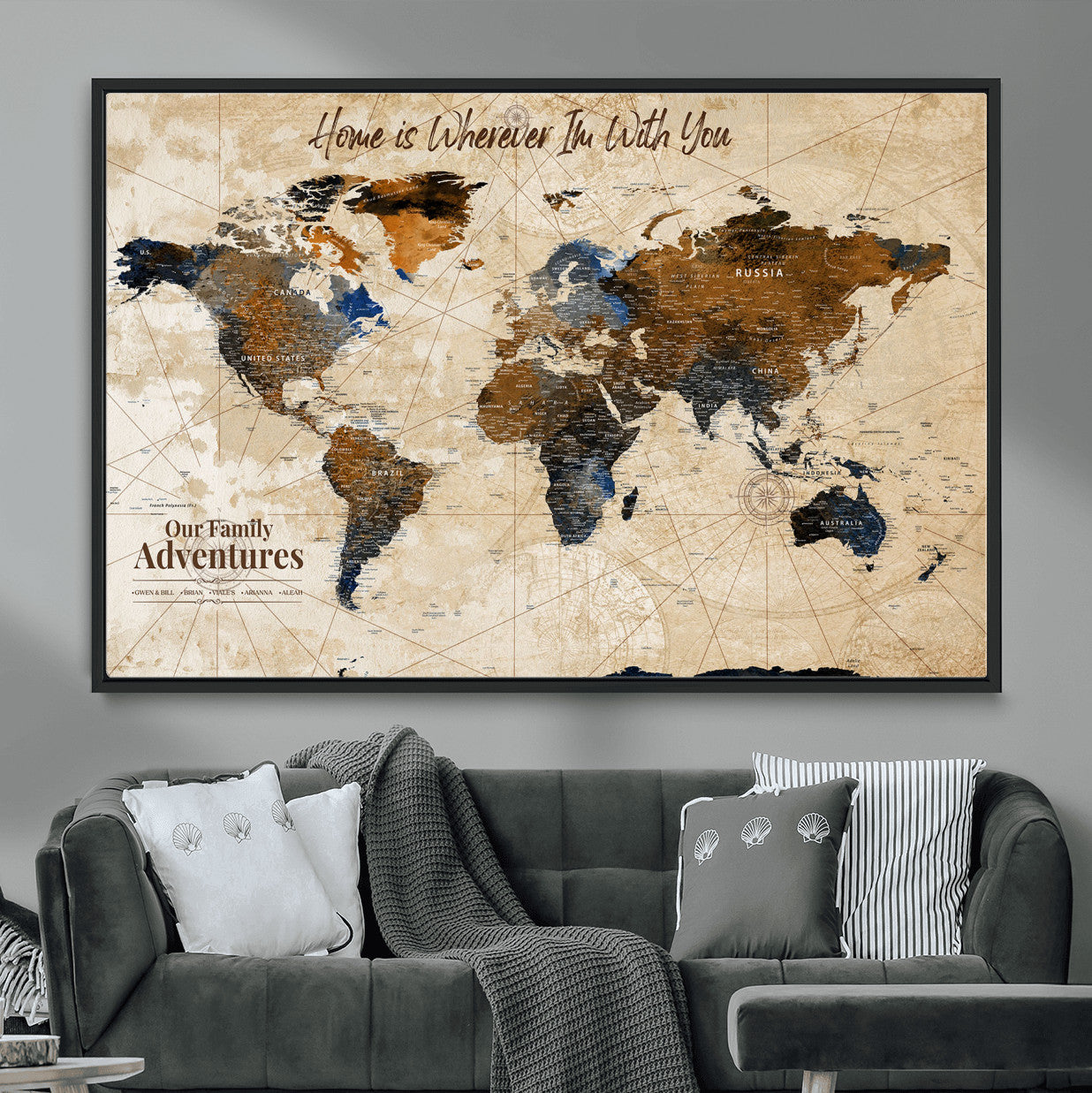 37709027-MGV-FC-36X24 - Customized Push Pin World Map Wall Art Canvas Print with Pins, Vintage Personalized Travel Tracker Map, Framed World Map for Living Room, Office and Home Decor