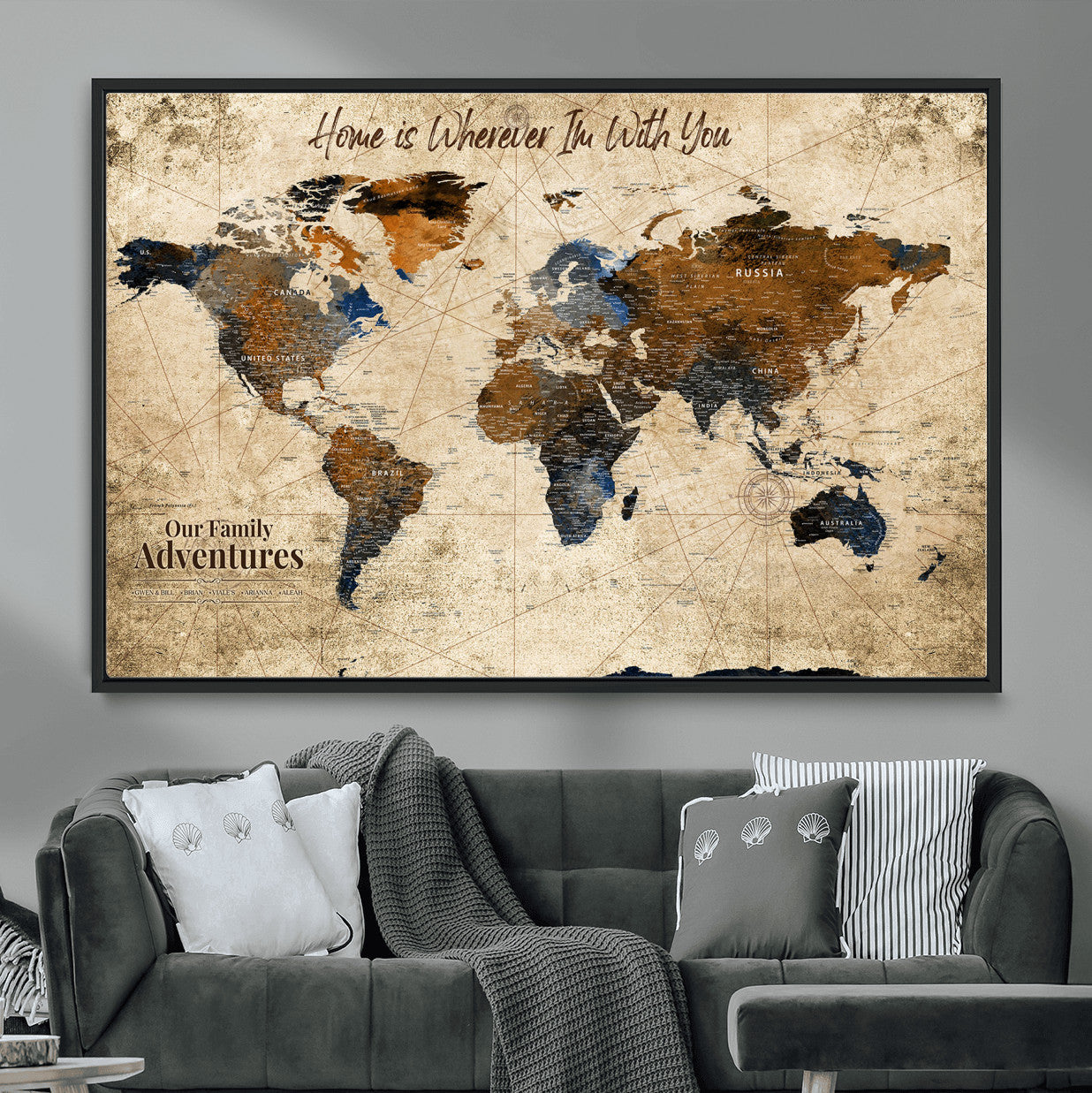 23631534-MGV-FC-36X24 - Customized Push Pin World Map Wall Art Canvas Print with Pins, Personalized Travel Tracker Map, Framed World Map for Living Room, Office and Home Decor