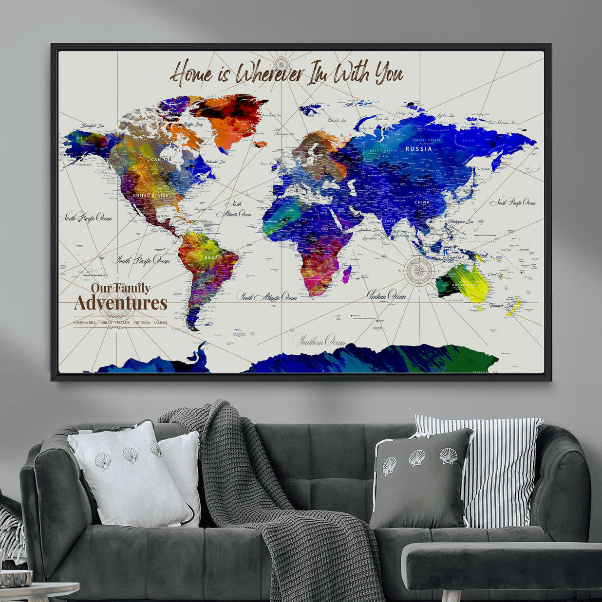 74686301-MGV-FC-36X24 - Customized Push Pin World Map Wall Art Canvas Print with Pins, Personalized Travel Tracker Map, Framed World Map for Living Room, Office and Home Decor