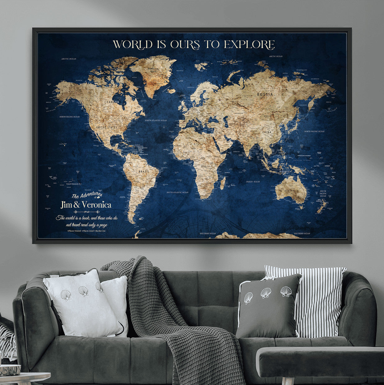 33364828-MGV-FC-36X24 - Personalized World Map Wall Art – Custom Framed Push Pin Travel Tracker Canvas Print Unique Gift for Home, Office