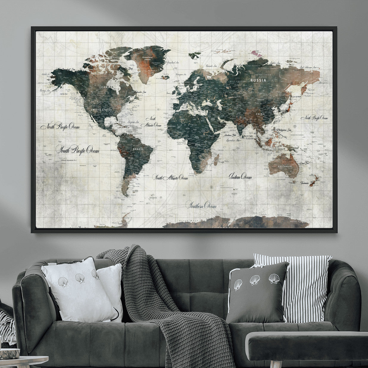 90149079-MGV-FC-36X24 - World Map Wall Art Canvas Print, Modern Decorative Framed Map Artwork Prints for Living Room, Office, Bedroom Wall Decor